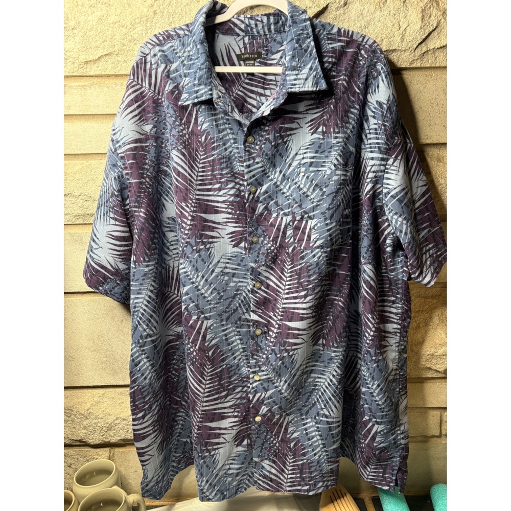 Van Heusen Men 4XL Short Sleeve Button Down Shirt Blue Purple Tropical Palm Leaf